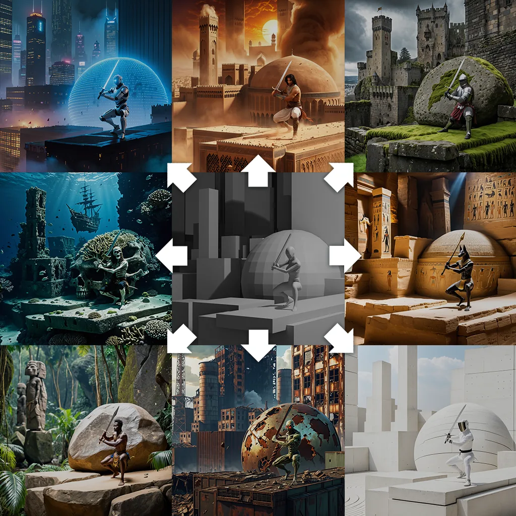 Grid of concept art variations generated around one grey 3D character pose