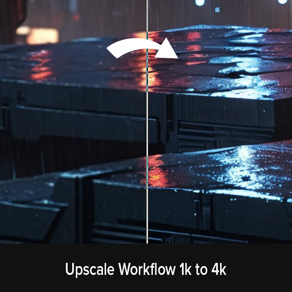 Before and after of the upscale workflow from 1k to 4k
