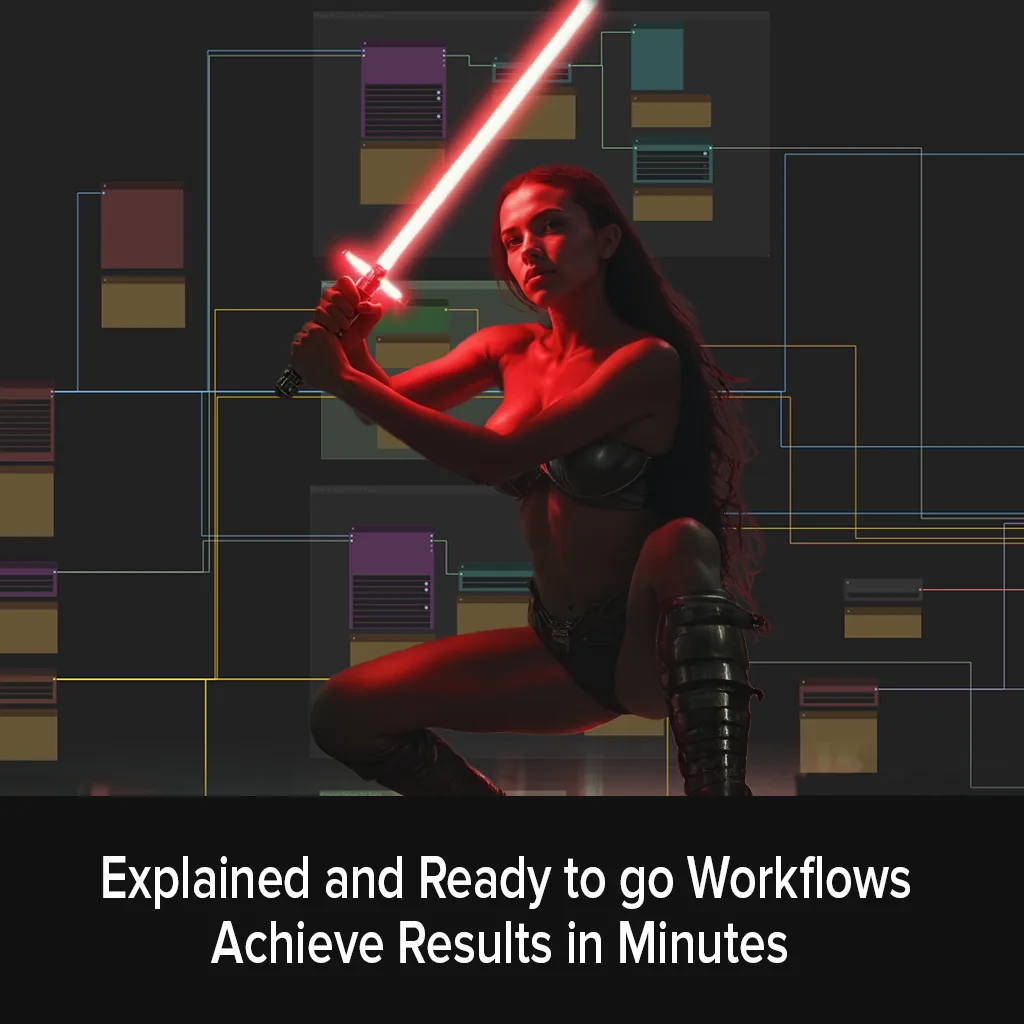 Red-lit render of a woman holding a lightsaber