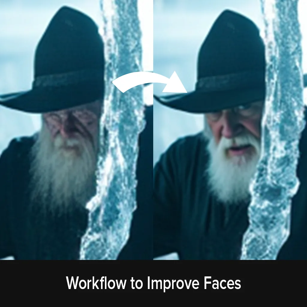 Before and after of a face improved by the face workflow