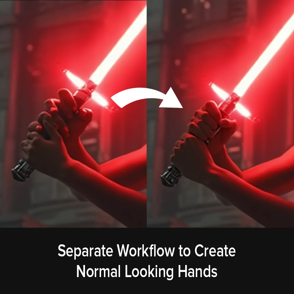 Before and after of hands fixed by the separate hands workflow