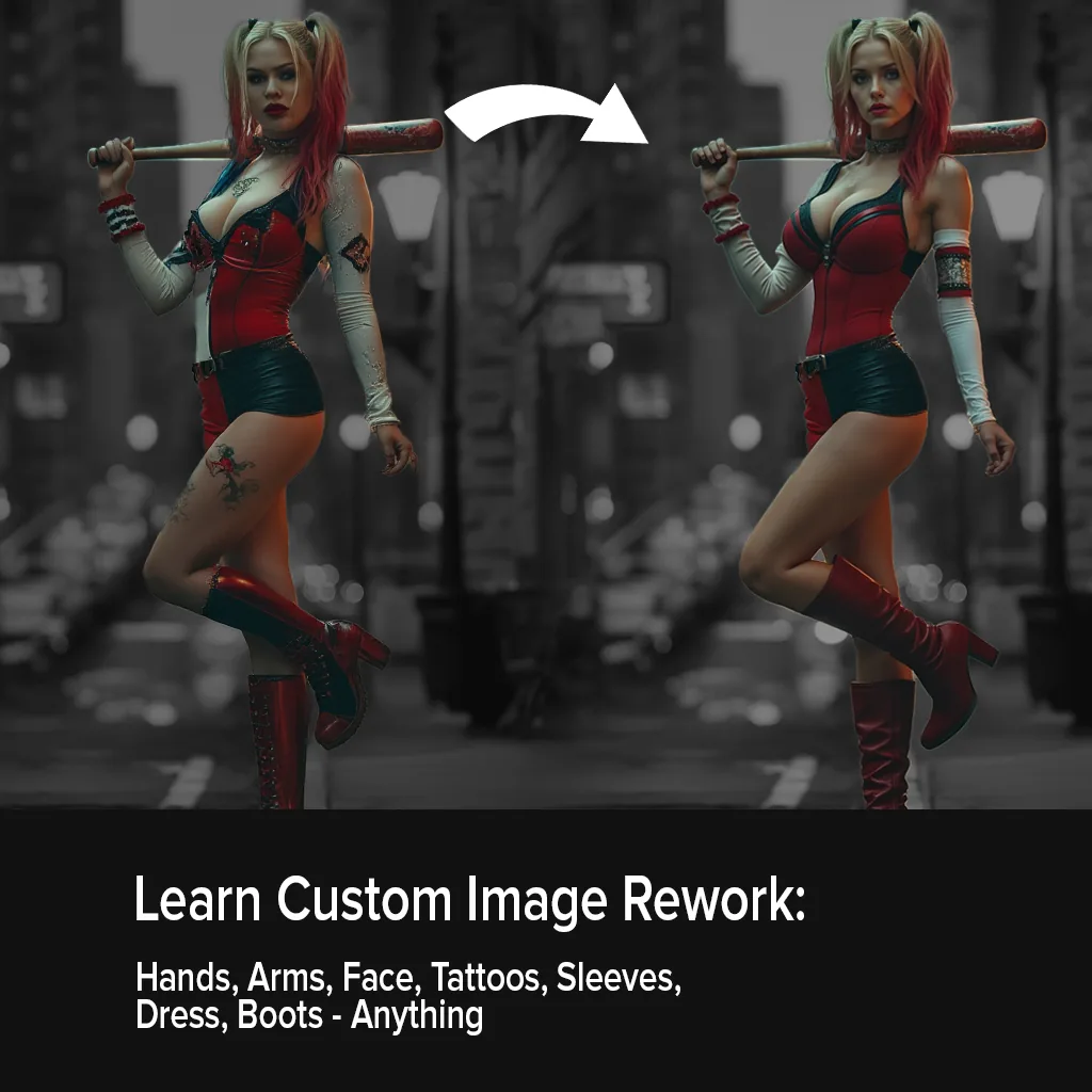 Before and after of a character costume reworked with a mask
