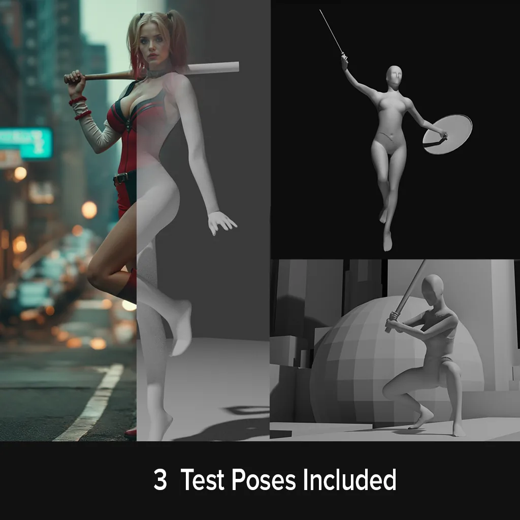 Grey 3D test poses next to the rendered characters
