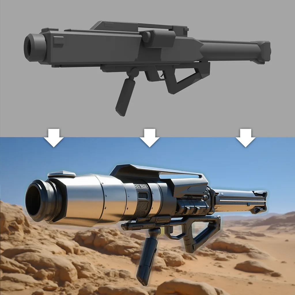 Grey 3D launcher blockout turned into a desert weapon render