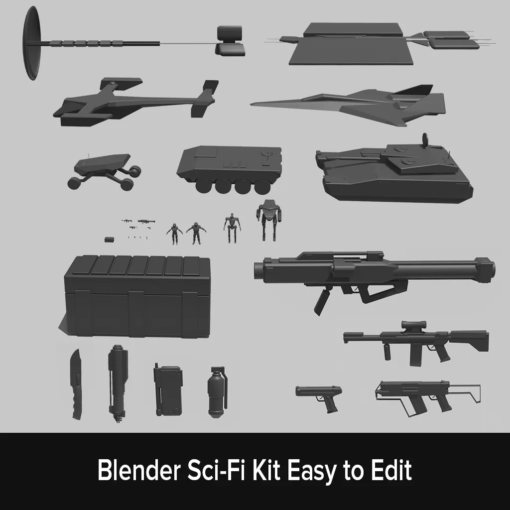 Blender sci-fi kit of props and vehicles