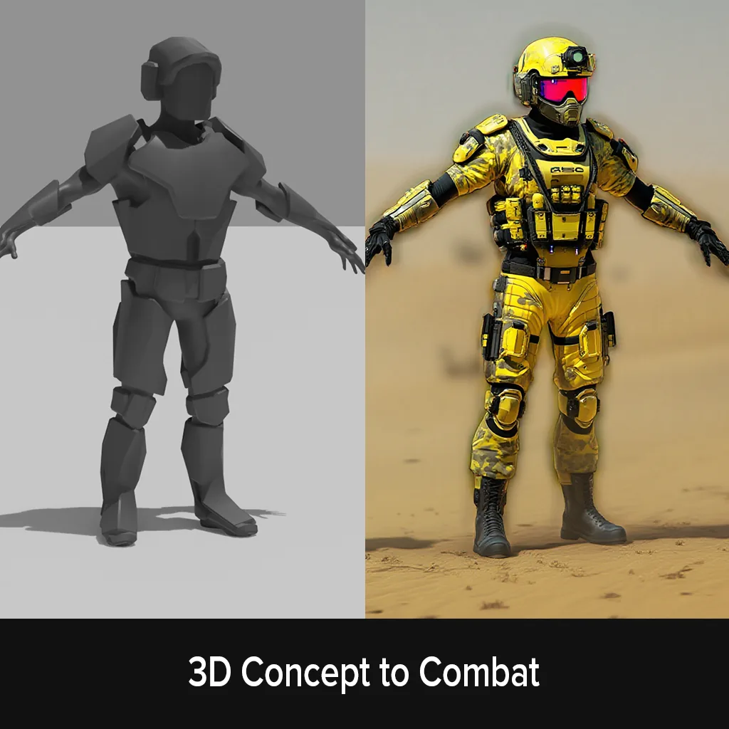 Grey 3D soldier model next to the rendered yellow armoured version