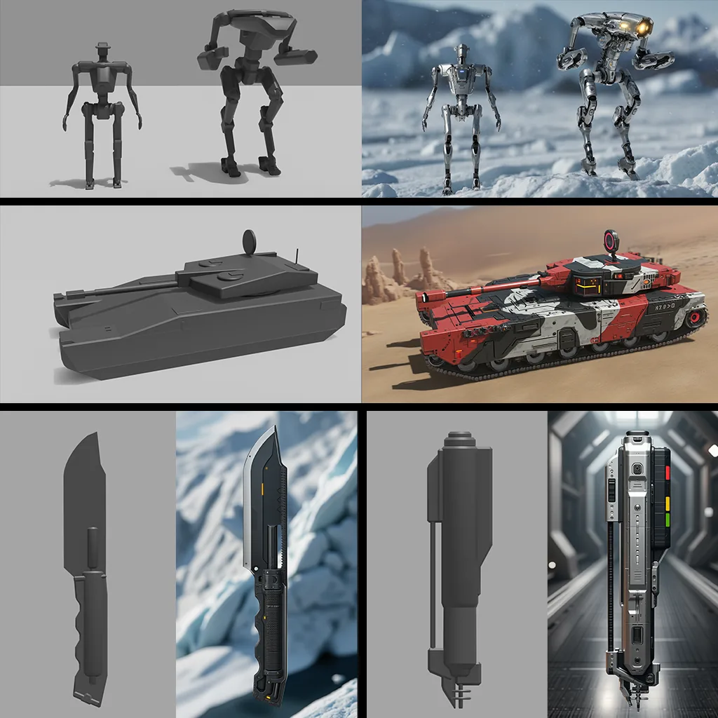 Grid of grey 3D props next to their rendered concepts