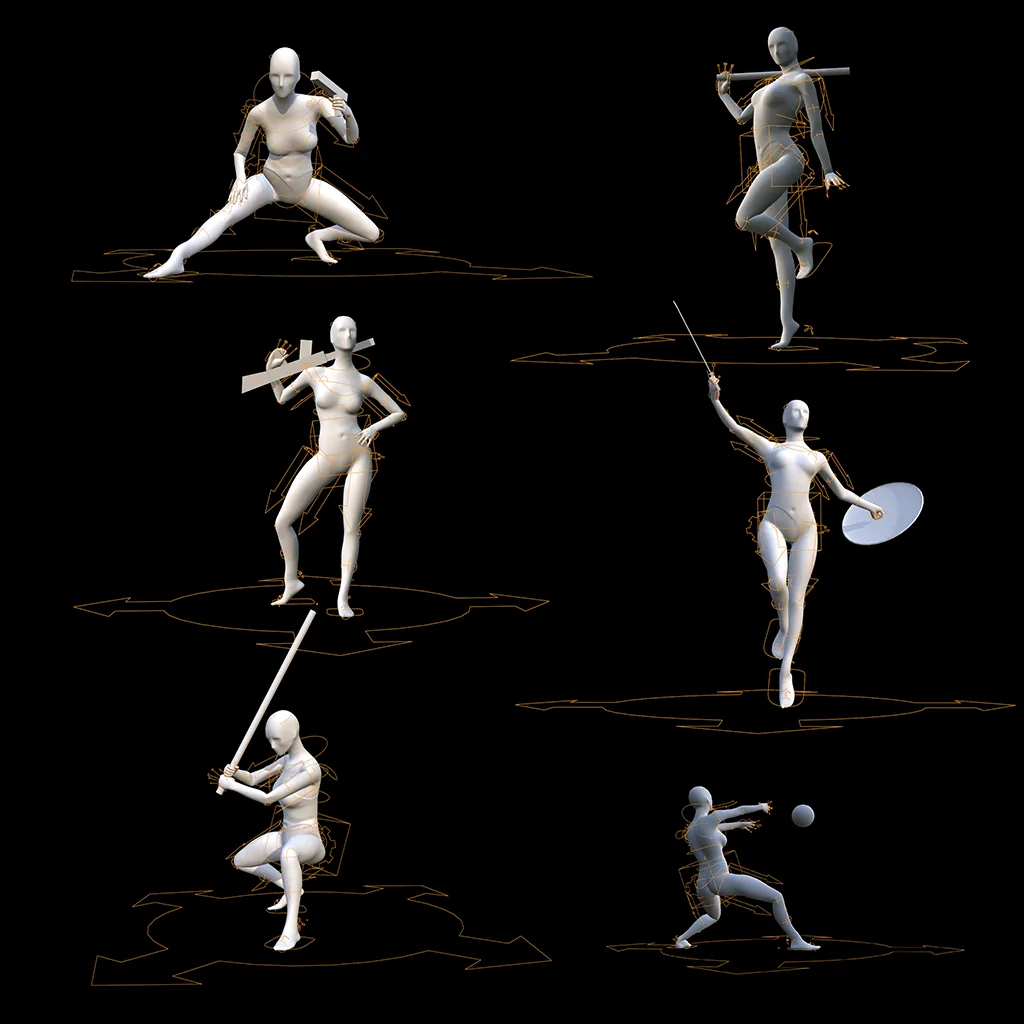 Rigged base characters in action poses
