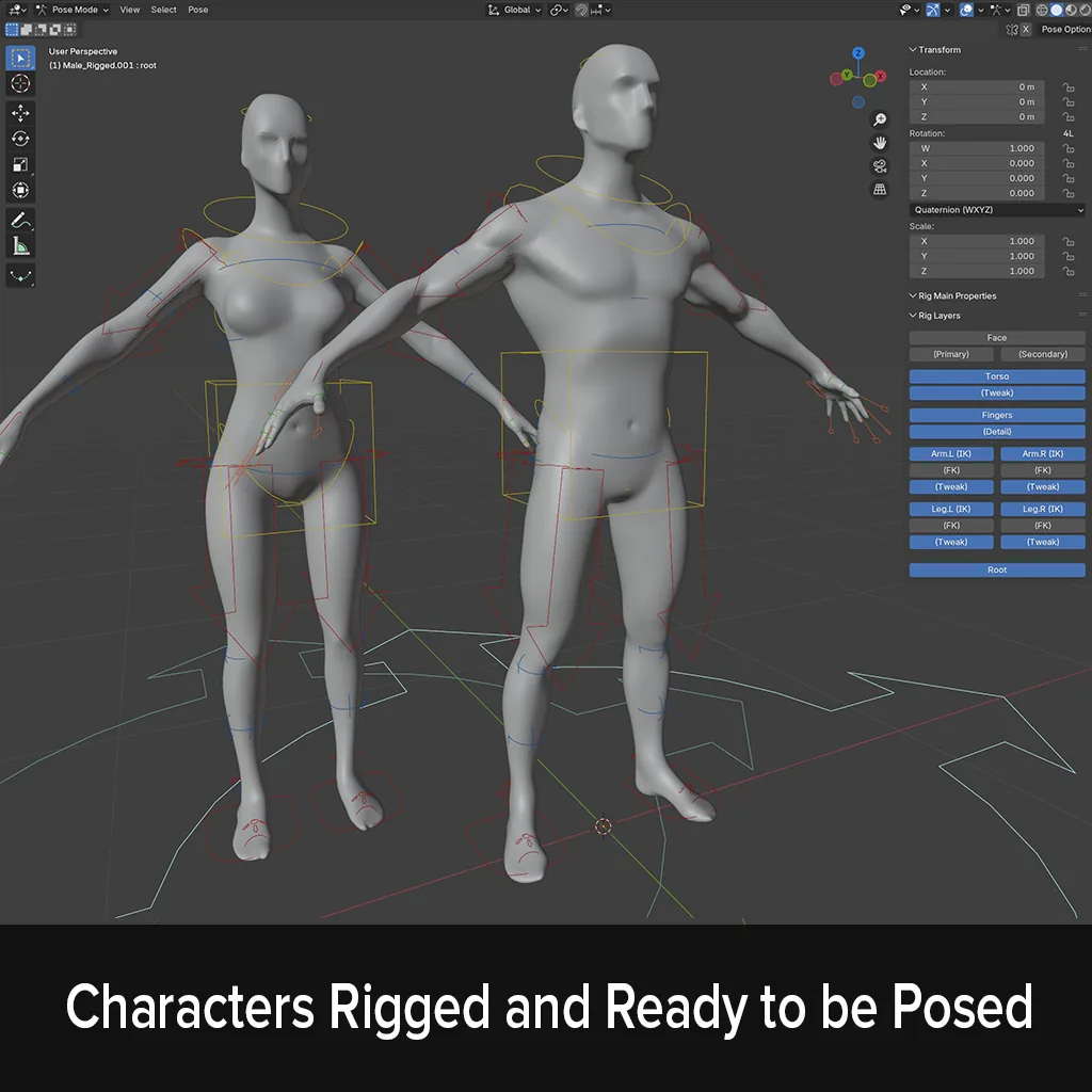 Rigged male and female base characters in Blender
