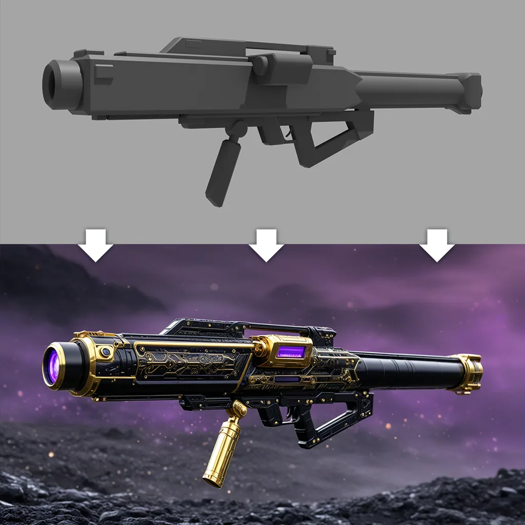 Grey 3D launcher blockout turned into a purple and gold sci-fi weapon render
