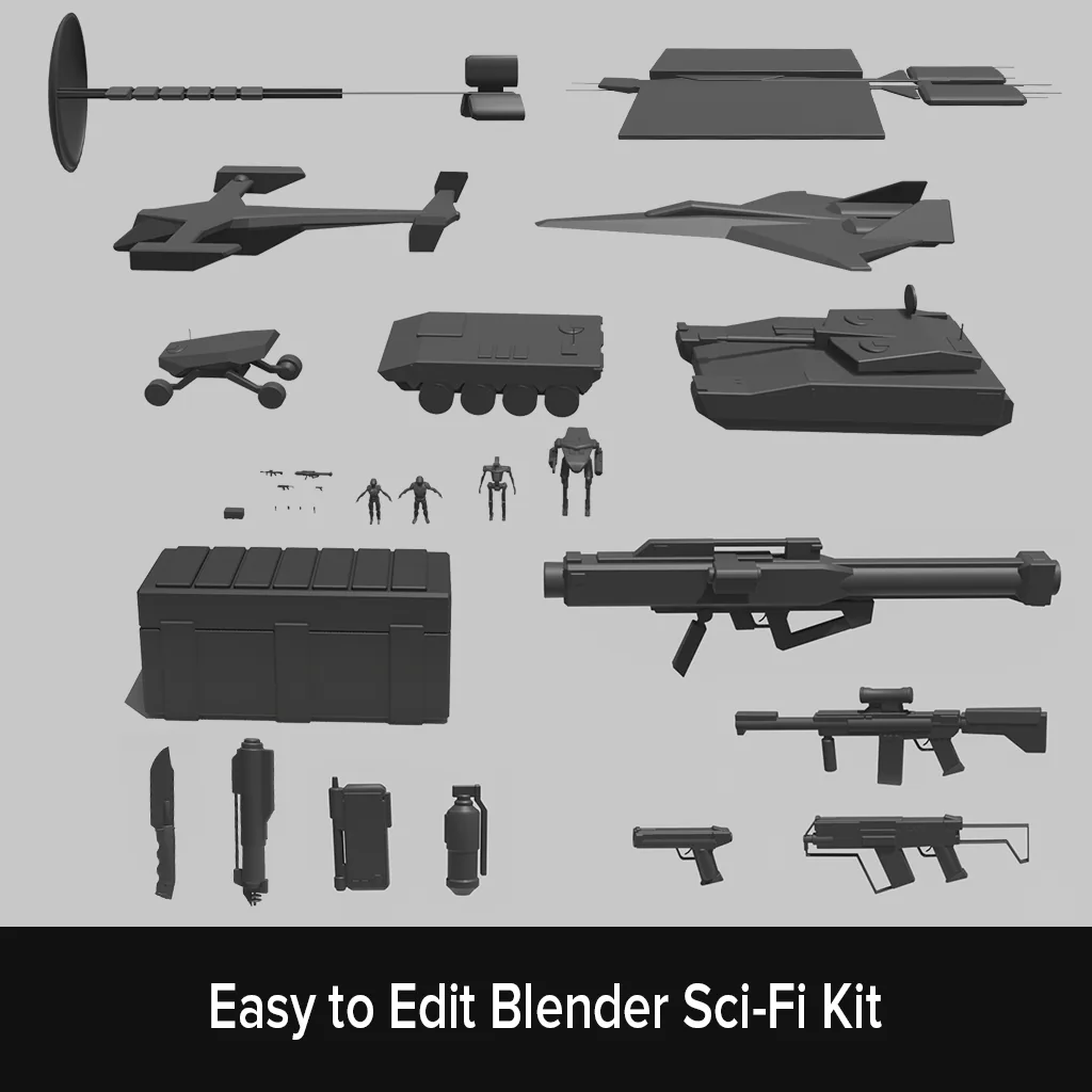 Blender sci-fi kit of props and vehicles