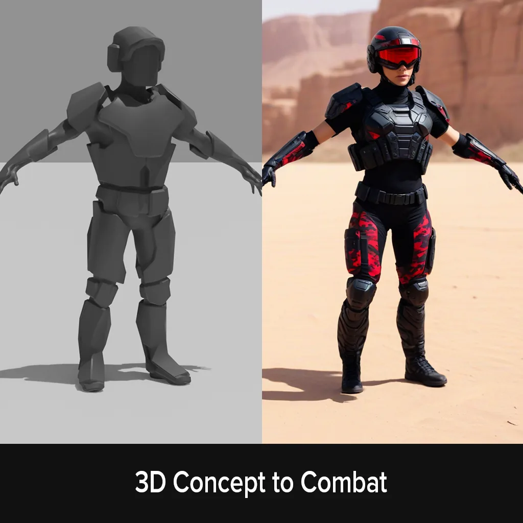 Grey 3D soldier model next to the rendered combat version