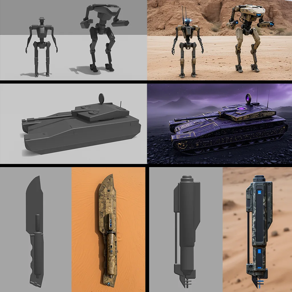Grid of grey 3D props next to their rendered concepts